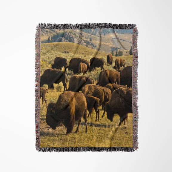 Bison Feeding, Lamar Valley, Yellowstone National Park, Wyoming, Usa, Woven Blanket