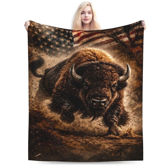 Bison Fleece Throw Blanket, Powerful American Bison with American Flag Patriotic Art Print, Soft Warm Lightweight Blanket for Sofa Couch Bed, Home Decor All Season 50x40