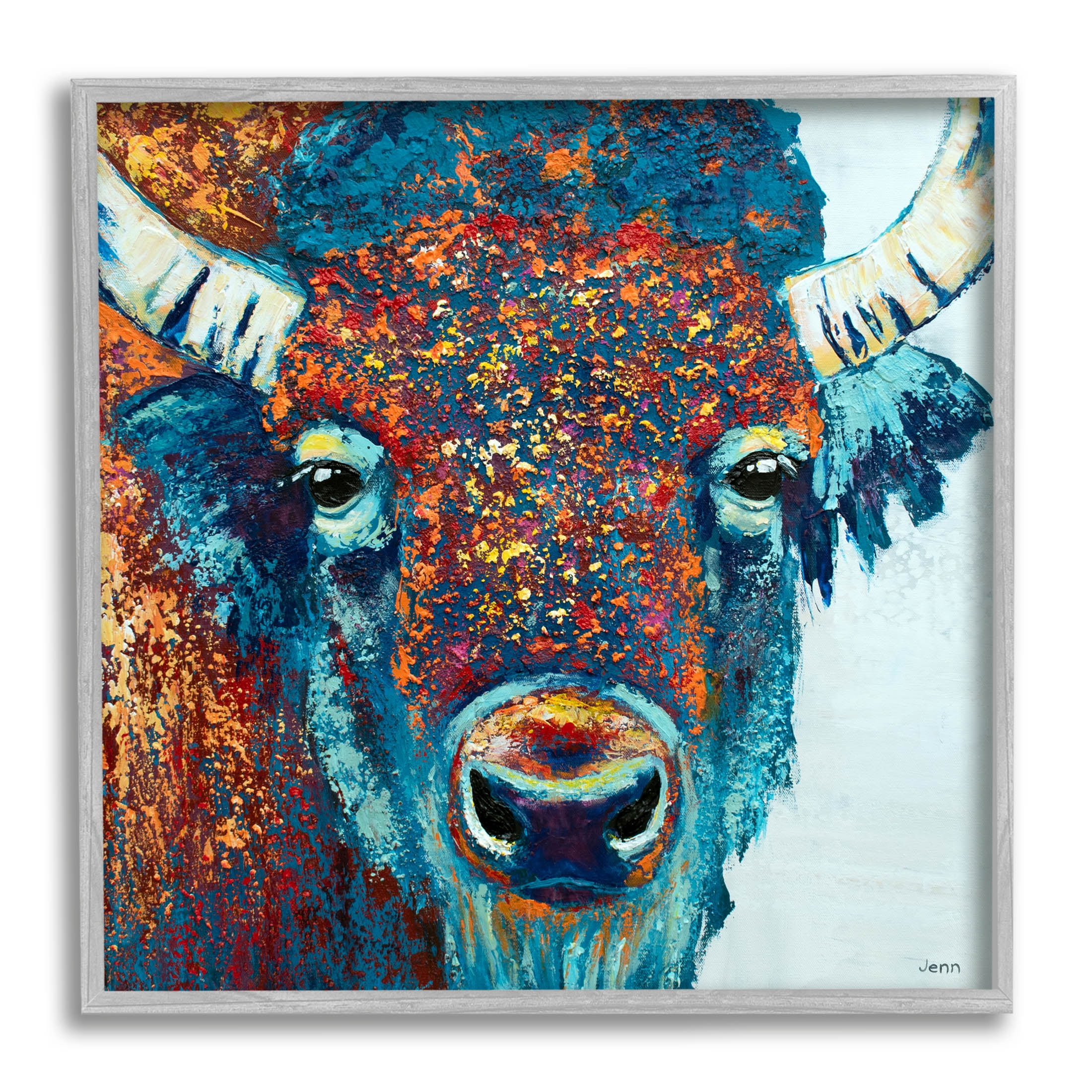 Bison Gazing Close Up Wildlife Animals & Insects Painting Gray Framed Art Print Wall Art