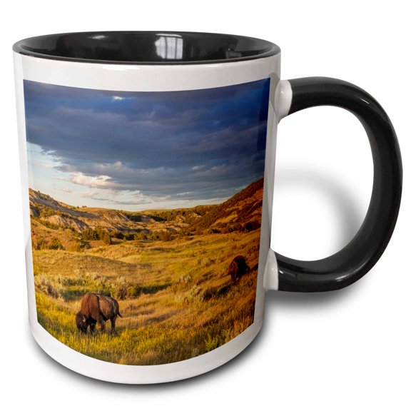 3drose, Bison Grazing in Badlands in Theodore Roosevelt Np, North Dakota, Usa, 11oz Two-tone Black Mug