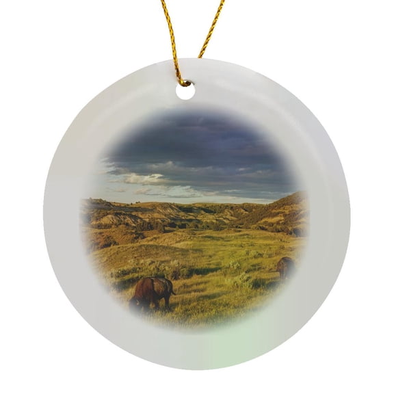 3drose, Bison Grazing in Badlands in Theodore Roosevelt Np, North Dakota, Usa, Circle Porcelain Ornament