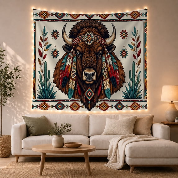 Bison Head with Colorful Feathers and Cacti, Warm Rustic Style for Wildlife Lovers, Wildlife Wall Art Housewarming Gift, Tapestry Wall Hanging for Bedroom and Dorm