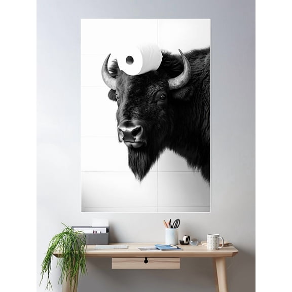 Bison In Bathroom With Toilet Paper On Head Poster Wall Art, Modern Wall Decor For Living Room Bedroom, 12x18 UNFRAMED