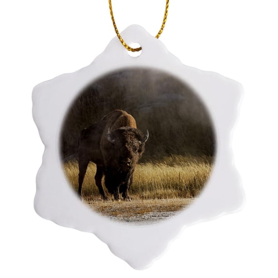 3drose, Bison in Mist, Upper Geyser Basin Near Old Faithful, Yellowstone., 3 inch Snowflake Porcelain Ornament
