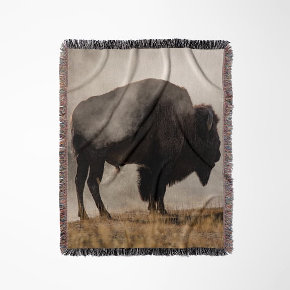 Bison In Mist, Upper Geyser Basin, Yellowstone Np, Wyoming., Woven Blanket