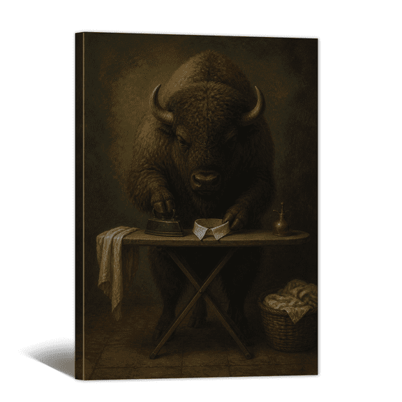 Bison Ironing Collar Canvas Wall Art Whimsical Animal Picture Print, Vintage Serene Artwork Tranquil Style Oil Painting for Bedroom, Home, Living room Decor