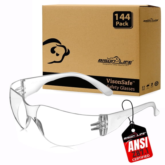 Bison Life Clear Safety Glasses, Bulk Pack of 144, ANSI Z87.1 Scratch & Impact Resistant, Polycarbonate Lens, One Size, Wrap Around Protective Eyewear