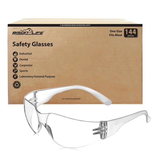 Bison Life Clear Safety Glasses, Bulk Pack of 144, ANSI Z87.1 Scratch & Impact Resistant, Polycarbonate Lens, One Size, Wrap Around Protective Eyewear