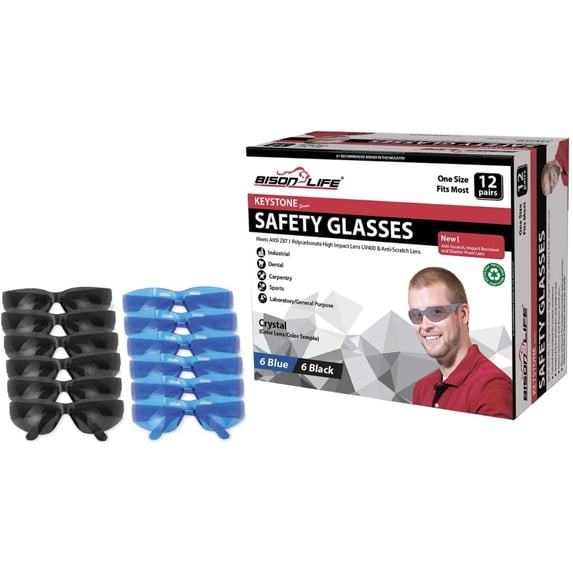 Bison Life Keystone Full Color Blue and Black Safety Glasses For Men/Women (Pack of 12)