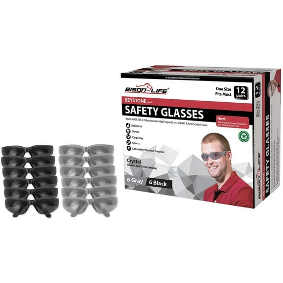 Bison Life Keystone Full Color Grey and Black Safety Glasses For Men/Women (Pack of 12)