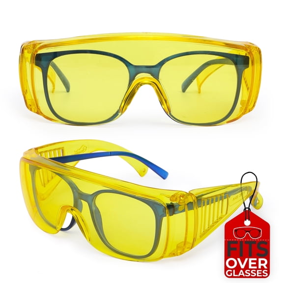 SAFE HANDLER Diamont Vented Amber Safety Glasses Over Eyeglasses, 1 Pair, ANSI Z87.1, Impact Resistant Polycarbonate Lens, 99% UV Protection Goggles