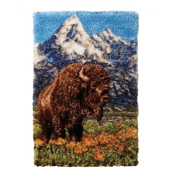 Bison & Mountain Landscape Latch Hook Rug Kit Wild Nature Animal Tufted Wall Hanging Carpet for Home Decor 75 * 55cm