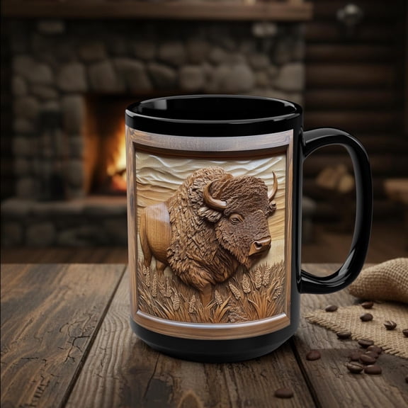 Bison Mug, Wood Carved Style Print Rustic Buffalo Coffee Cup, Great Plains Animal Lover Gift, Nature Cabin Lake House Decor Art Gift 15 oz