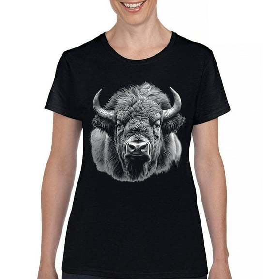 Bison Portrait T-Shirt American Buffalo Head Western Wildlife Nature Majestic Bull Symbol of Strength Women's Tee