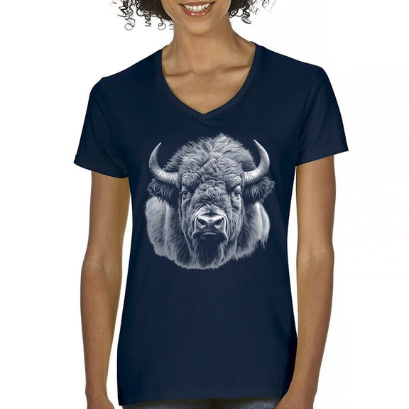 Bison Portrait Women's V-Neck T-shirt American Buffalo Head Western Wildlife Nature Majestic Bull Symbol of Strength Tee