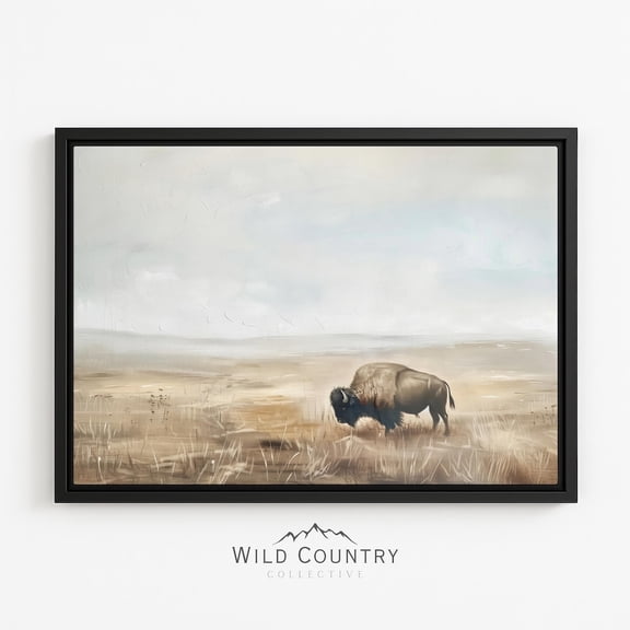 Bison Prairie Landscape Wall Art Print, Neutral Western Farmhouse Wildlife Decor