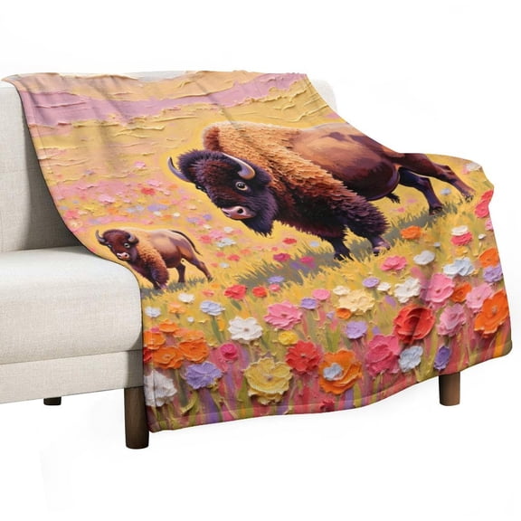 Bison Print Flannel Blanket Novelty Pattern Nap Blanket Sofa Room Office Soft Throw Blanket Outdoor Camping Warm Blanket