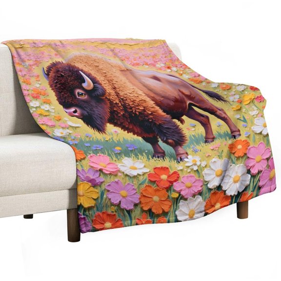 Bison Print Flannel Blanket Novelty Pattern Nap Blanket Sofa Room Office Soft Throw Blanket Outdoor Camping Warm Blanket