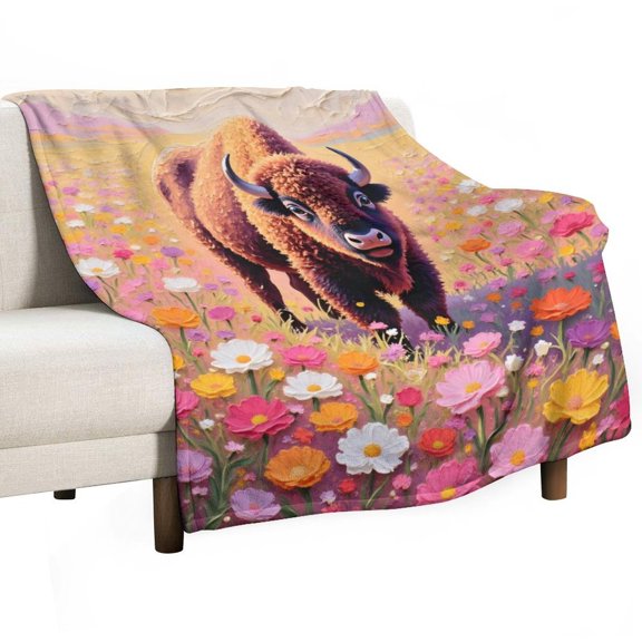Bison Print Flannel Blanket Novelty Pattern Nap Blanket Sofa Room Office Soft Throw Blanket Outdoor Camping Warm Blanket