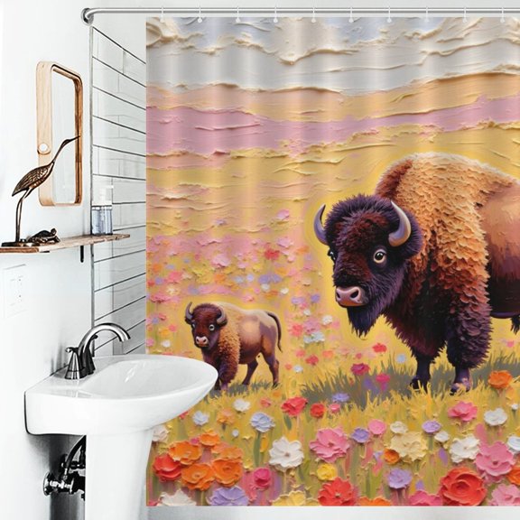 Bison Print Shower Curtain Art Style Bathroom Decor Shower Curtain with 12 Hooks,66inx72in