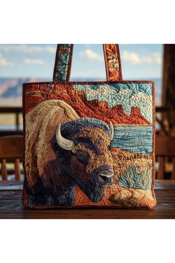 Bison Quilted Tote Bag, Wildlife Inspired Tote for Travel and Shopping