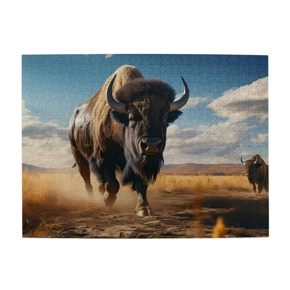 Bison Running Field Sky Wild 500-Piece Wooden Jigsaw Puzzle for Adults, Fun & Challenging Family Game, Stylish Wall Decor & Holiday Gift