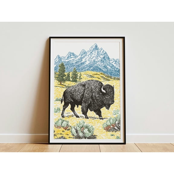 Bison Silhouette Majestic Desert Mountain Landscape Bison Herd Animal Nature Wild West Poster Unframed Paper Print