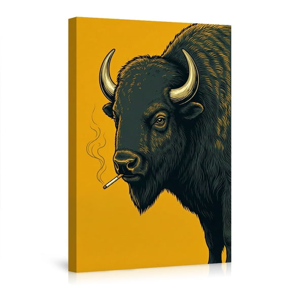 "Bison Smoking Cigarette" Canvas Wall Art, Retro Pop Art Wildlife Illustration, Funny Humor Decor for Man Cave, Office & Modern Home