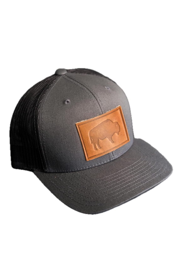 Bison Stamp Leather Patch Trucker Hat - - Adjustable Snapback, Structured -Profile Design (Charcoal, Natural)
