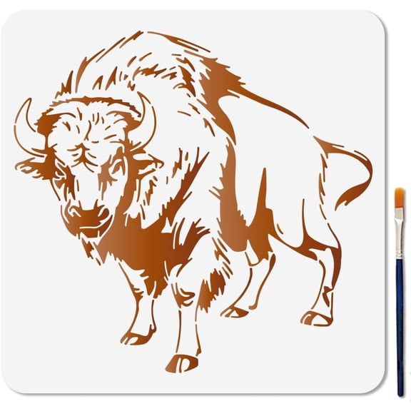 Bison Stencils Cattle Farm Animal Reusable Stencils for Painting 11.8x11.8 Inches Buffalo Spanish Bullfight Drawing Templates with Paint Brush for Wood Wall Home Gift Decoration