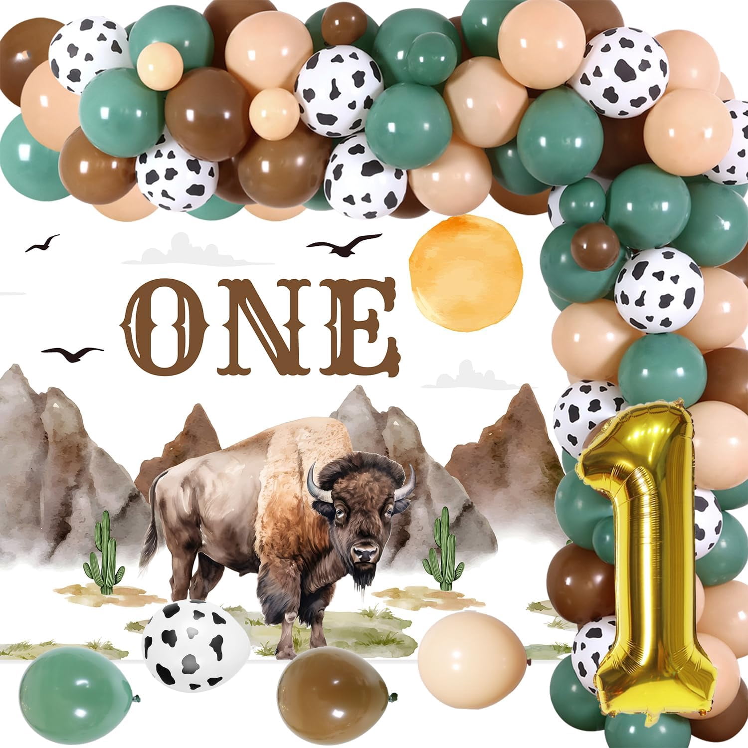 Bison Themed 1st Birthday Party Decorations, Bison ONE Backdrop Cow Brown Green Balloon Garland Arch Kit for Boy First Wild Buffalo Animal Western Farm theme Birthday Supplies