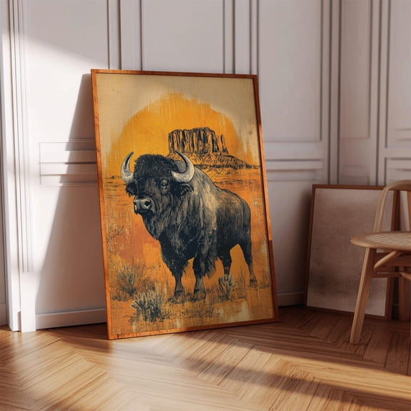 Bison Wall Art Print With Desert Landscape, Vintage Buffalo Poster In Western Style, Rustic Country Farmhouse Or Cabin Decor