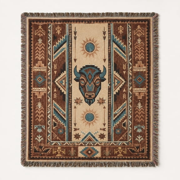 Bison Woven Cotton Throw Blanket with Fringe, Southwestern Style Decor