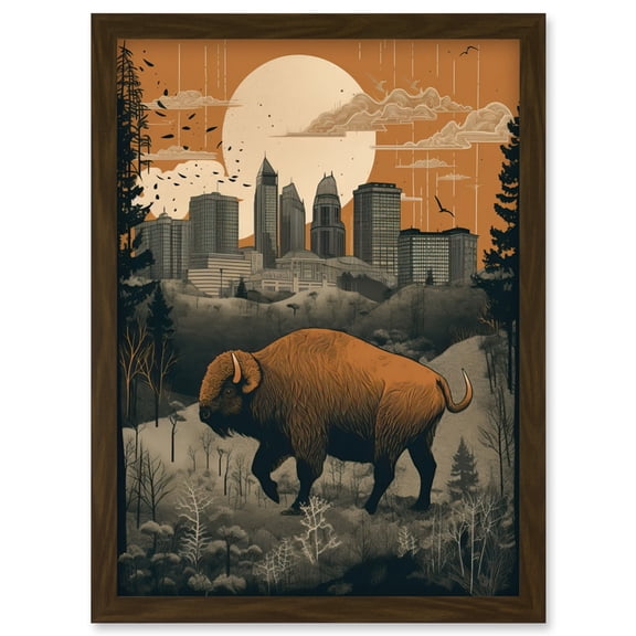 Bison in Forest by Urban Cityscape Modern Landscape Artwork Framed Wall Art Print A4