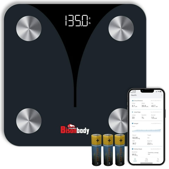 Bisonbody Smart Digital Bathroom Scale for Body Weight and Fat Percentage, 20 Body Composition Data Detection, Durable Tempered Glass, 4 High Sensitivity Electrodes Sensors, Smartphone App Connection