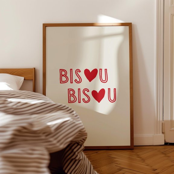 Bisou Bisou Print, Red Heart Font, Retro French Kiss Home Decor #2637, 8x12 UNFRAMED