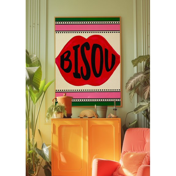Bisou Lips French Typography Red Wall, Unframed Poster