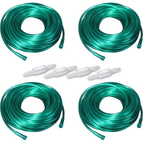 Bistras Oxygen Tubing 50FT Green Crush Resistant Non Kinking for Cannula Nasal Tubing and Oxygen Concentrator with Standard End Connectors, Swivel Connectors Included (4 pk)