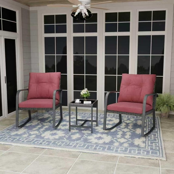 Bistro 3 Piece Patio Furniture Set, Patio Table and Rattan Outdoor Rocking Chairs Set of 2, Outdoor Bistro Conversation Set for Garden, Balcony, Poolside, Backyard, Red