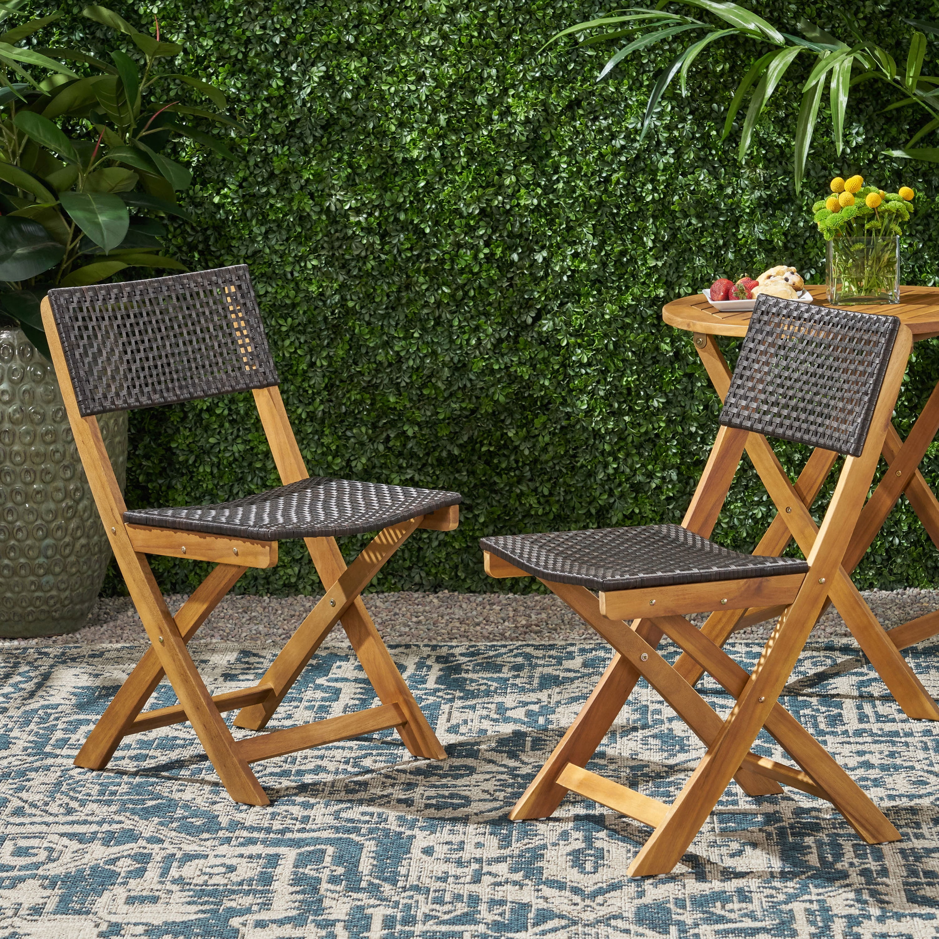 Bistro Chairs Set of 2 – Foldable Outdoor Wicker Chairs with Solid Wood Frame, Space-Saving for Patio, Garden or Balcony