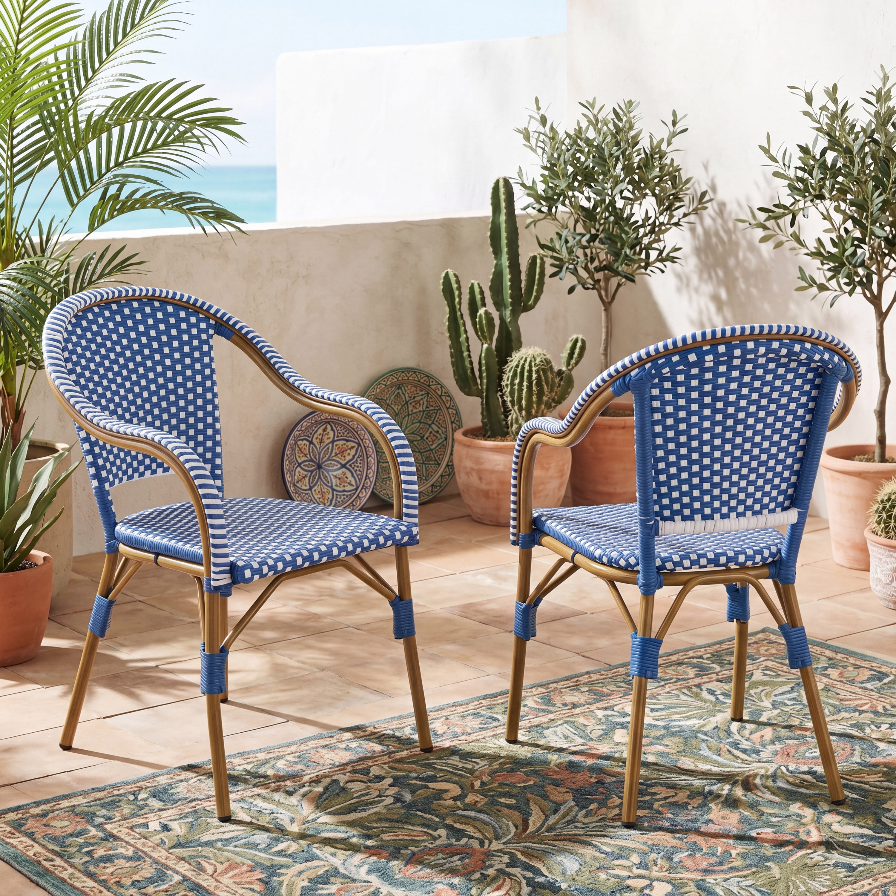 Bistro Chairs Set of 2, Outdoor Aluminum Frame Weather Resistant PP Rattan Chairs for Porch Garden, Natural and Blue and White