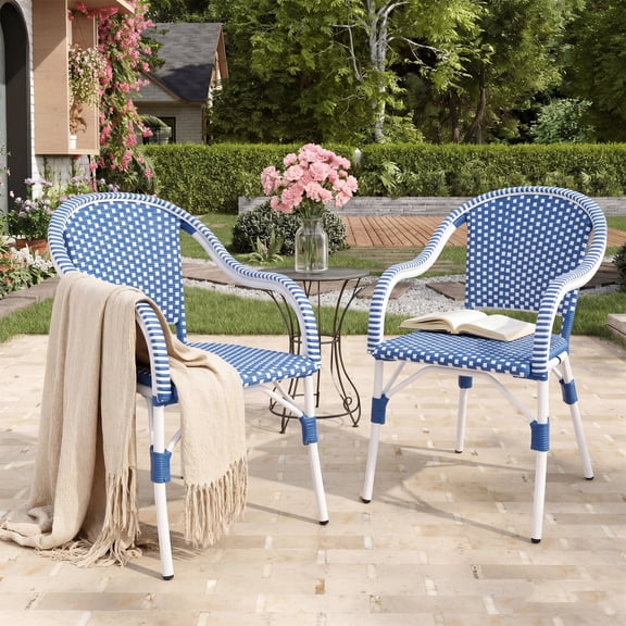 Bistro Chairs Set of 2, Outdoor Aluminum Frame Weather Resistant PP Rattan Chairs for Porch Garden, White and Blue