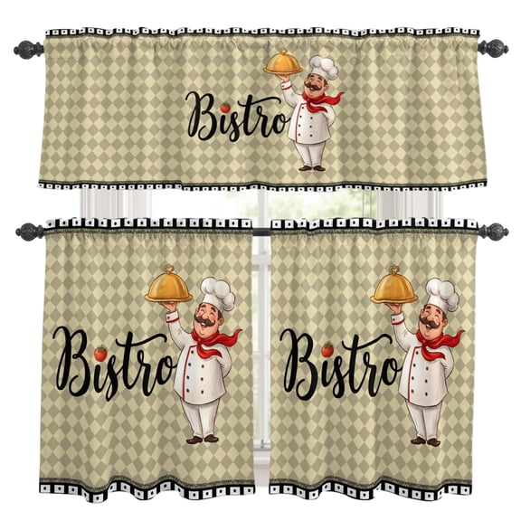 Bistro Cooker Kitchen Curtains Set for Windows, Kitchen Tomato Plaid Black Border Curtains Valance and Tier 3 Piece Set Small Drapes 24 Inch Length for Kitchen Bedroom Decor