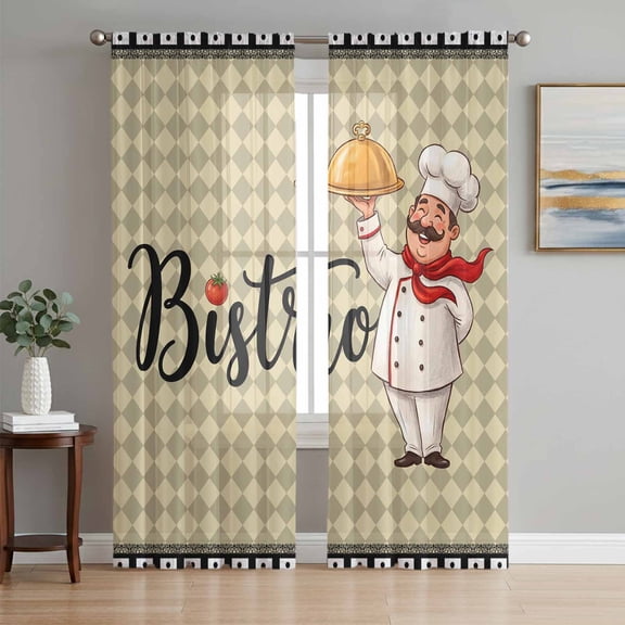 Bistro Cooker Sheer Curtains for Living Room Bedroom, Kitchen Tomato Plaid Black Border Light Filtering Sheer Curtain Rod Pocket Voile Window Treaments Drapes, 52 x 108 Inches