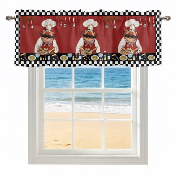 Bistro Cooking Chef Valances for Windows, Rod Pocket Kitchen Valance Curtains - Soft & Washable Small Window Treatment for Living Room, Bathroom, Funny Kitchen Wine Black Plaid 42x12inch, 1 Panel