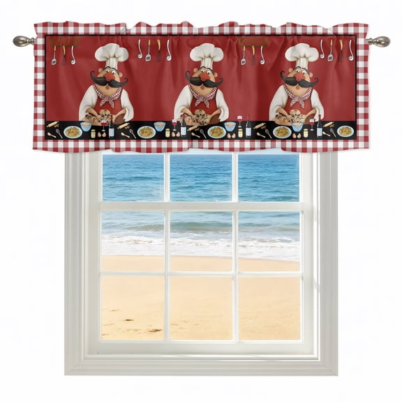 Bistro Cooking Chef Valances for Windows, Rod Pocket Kitchen Valance Curtains - Soft & Washable Small Window Treatment for Living Room, Bathroom, Funny Kitchen Wine Red Plaid 42x12inch, 1 Panel