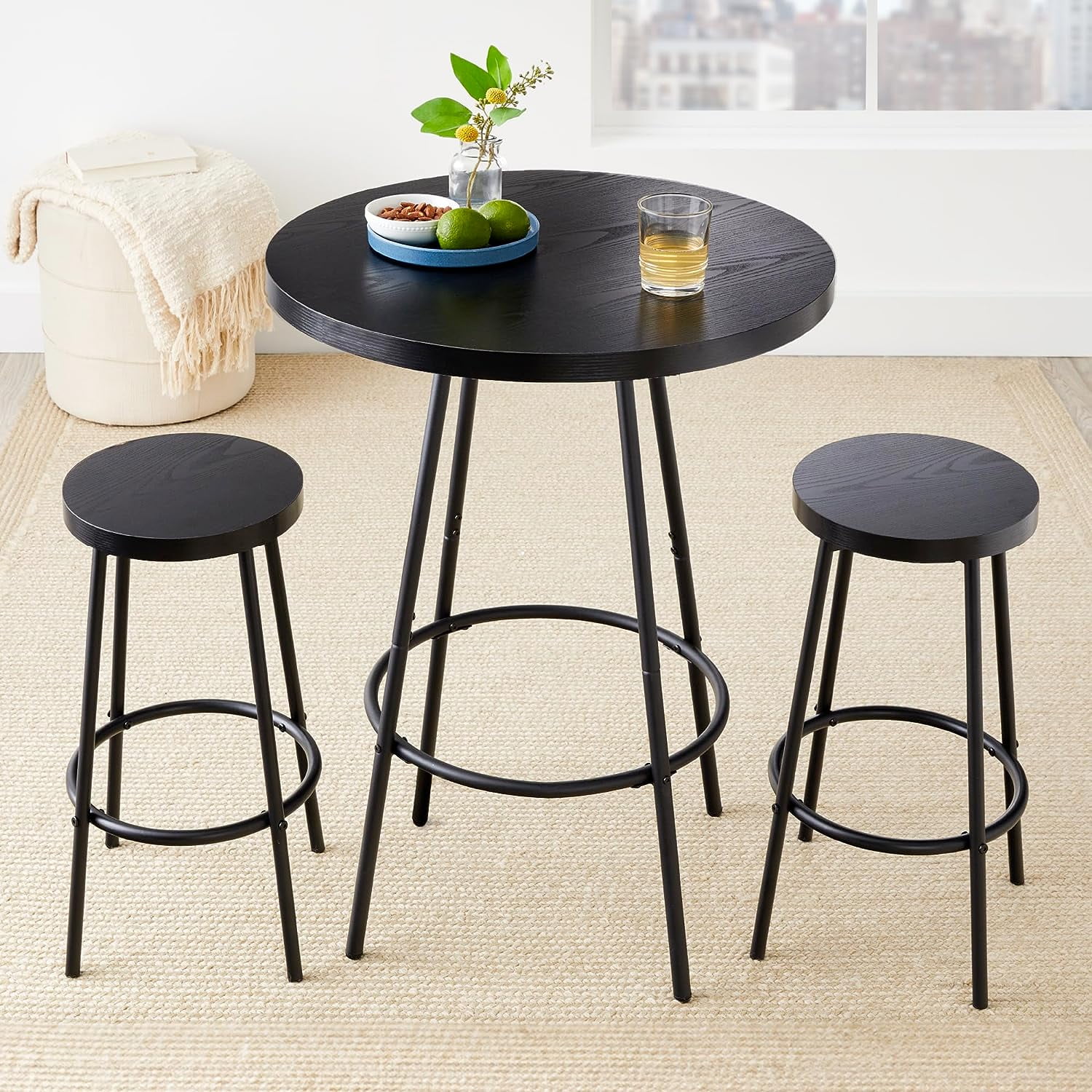 Black Modern Round Counter Height Pub Table Set with 2 Stools