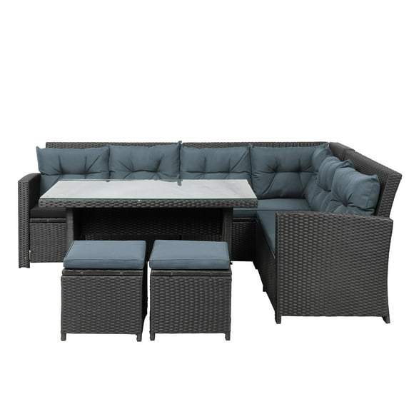 Bistro Sectional Sofa Furniture Set, 6 Piece Modular Rattan Wicker Sofa Set, Resistant Elegance Conversation Furniture Set with Removable Seat Cushions, 2 Ottoman, Solid Wood Table, 330lbs, S2103