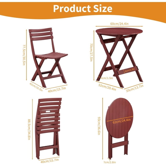Bistro Set, 3 Piece Plastic Folding Bistro Set, Portable Outdoor Table and Chairs Set, Foldable Furniture Set for Balcony, Porch, Backyard, Garden, Poolside (Red)