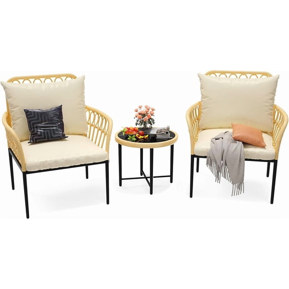 Bistro Set3Pcs, All-Weather Wicker Patio Conversation Set, Outdoor Sectional Furniture Chairs with Coffee Table & Cushions Beige for Garden Backyard Deck Balcony Poolside